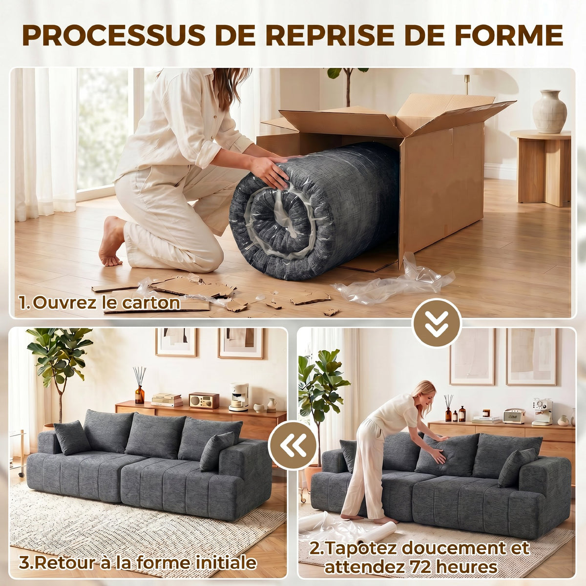 3-Seater Chenille Sofa 248cm – Modern, Wide Cushioned Seat, Spring Cushions, Grey