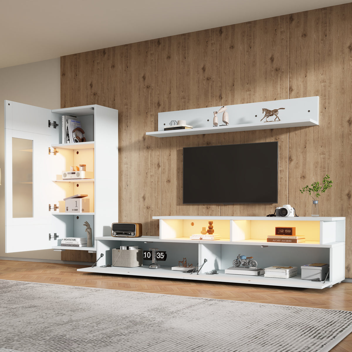 high gloss white TV wall unit with LED lighting