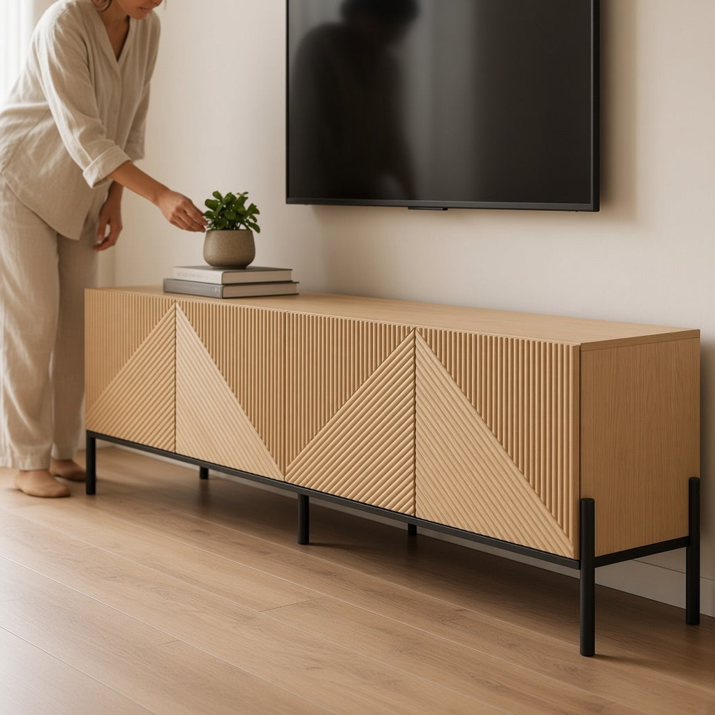 Modern TV Cabinet with 4 Doors and 3D Texture, 163 cm, Natural