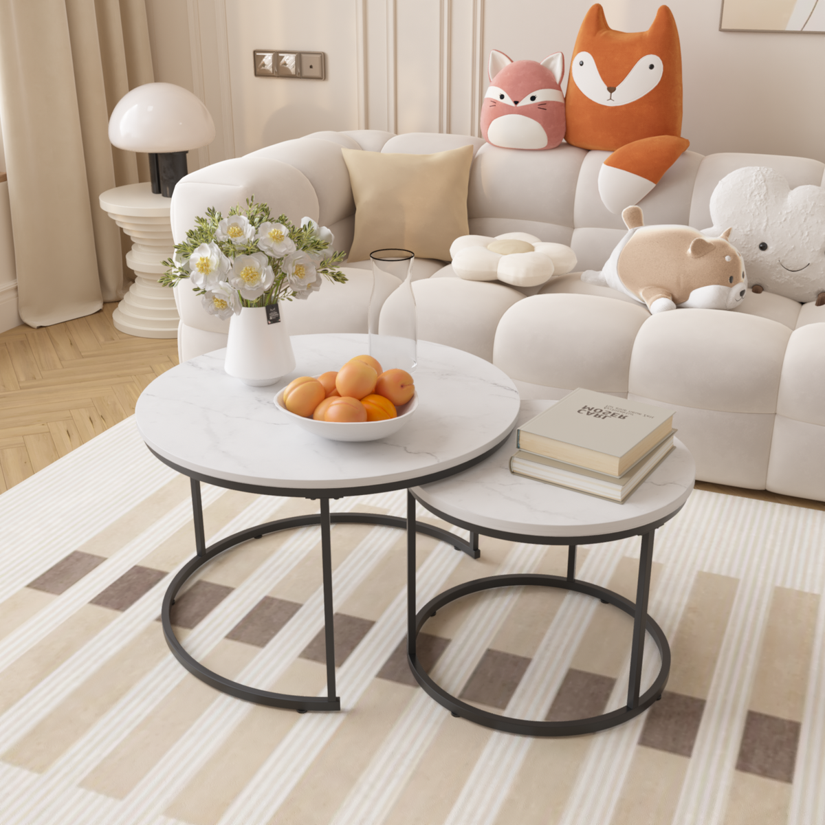 Round Nesting Coffee Tables Set of 2 Marble Look