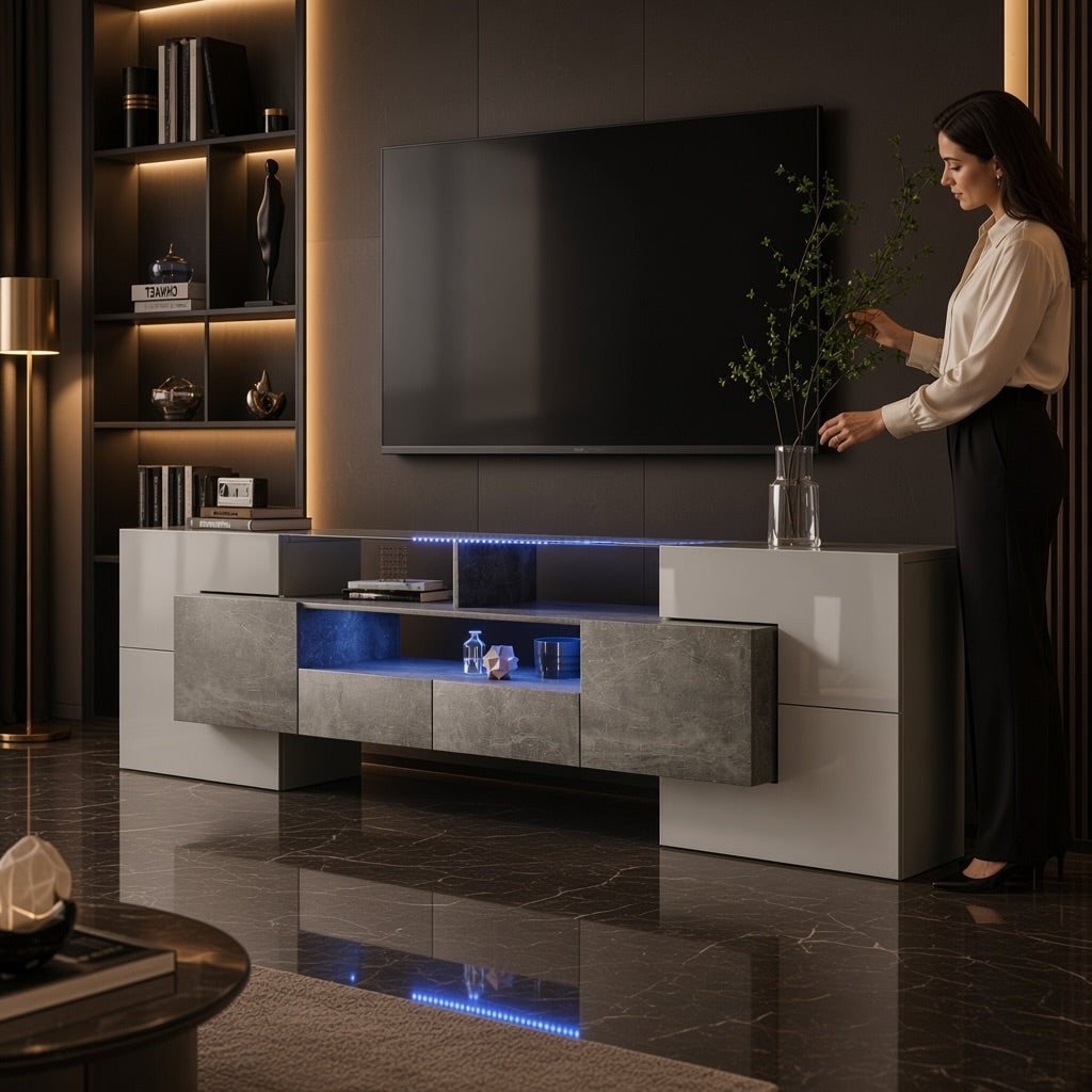 High-Gloss TV Cabinet with LED Lighting and Glass Top, 200 cm