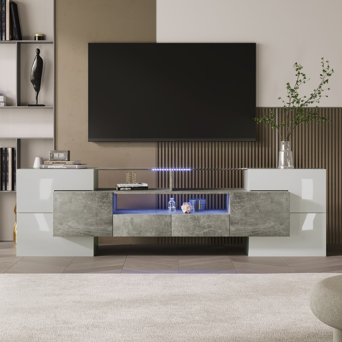 High-gloss TV cabinet with LED lighting and glass top