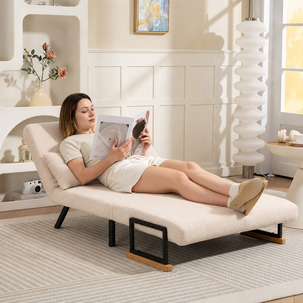 4-in-1 Convertible 2-Seater Sofa Bed – 5-Position Backrest, 2 Cushions, Beige