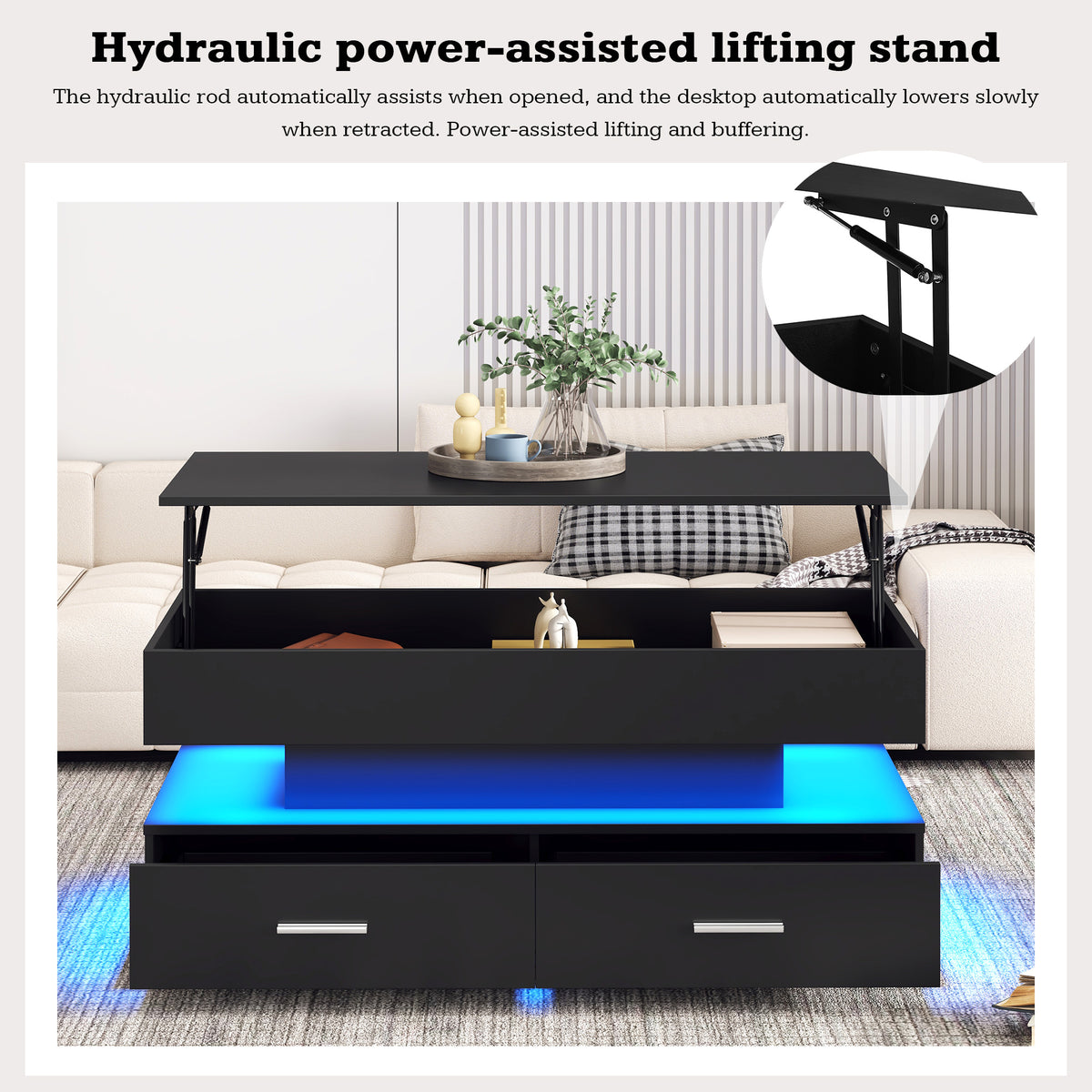 Hydraulic lift-top coffee table with app-controlled LED, black