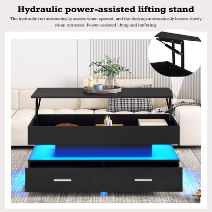 Hydraulic lift-top coffee table with app-controlled LED, black