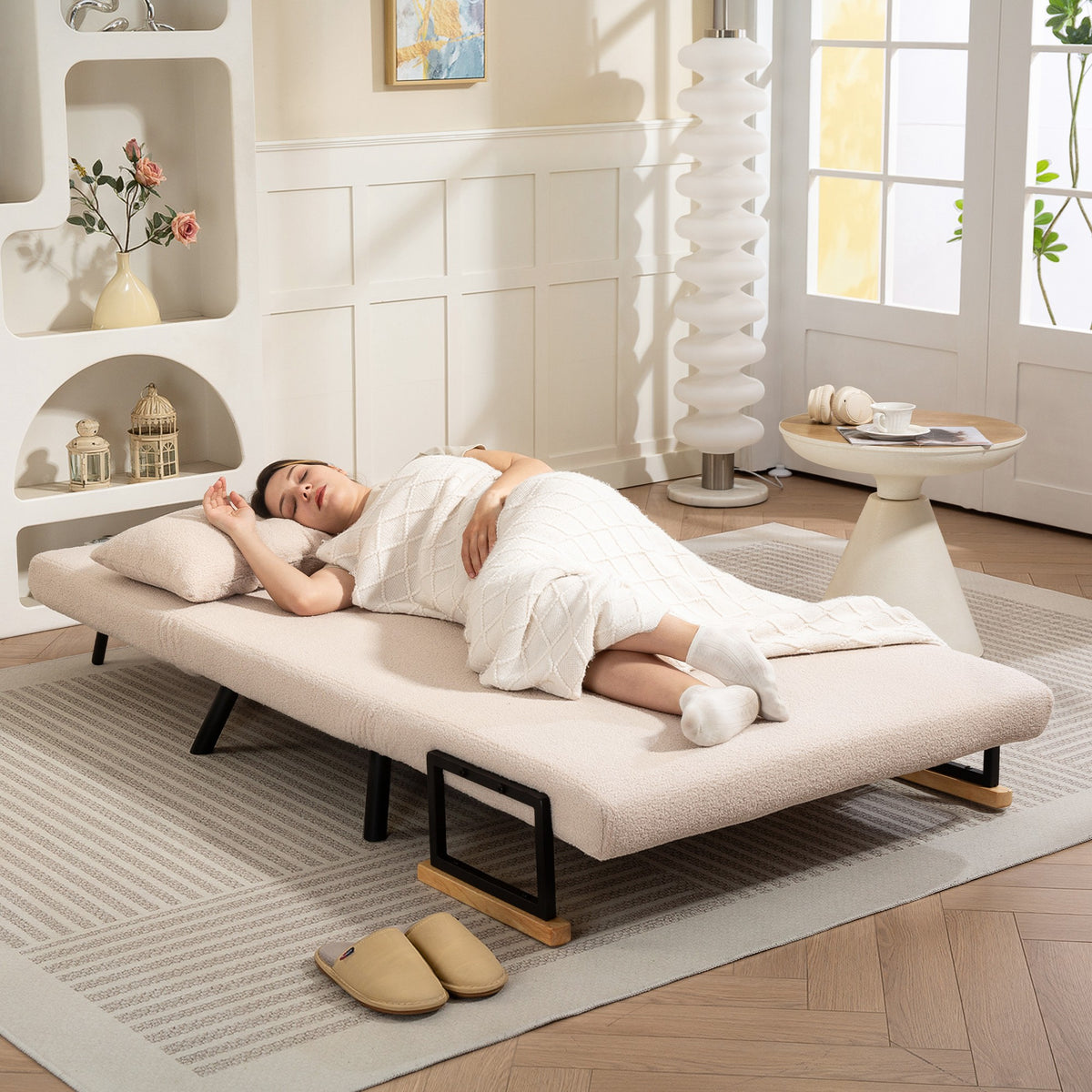 4-in-1 Convertible 2-Seater Sofa Bed – 5-Position Backrest, 2 Cushions, Beige