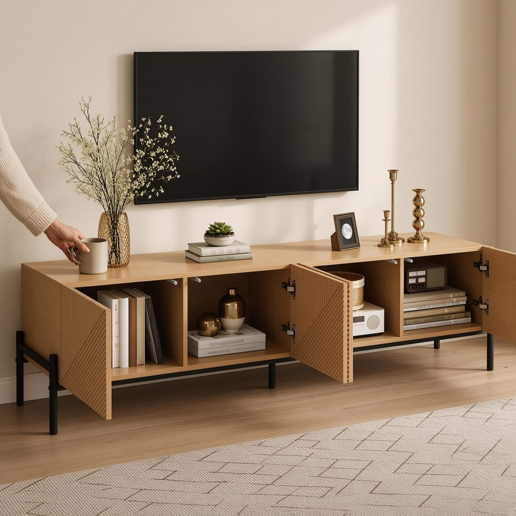 Modern TV Cabinet with 4 Doors and 3D Texture, 163 cm, Natural
