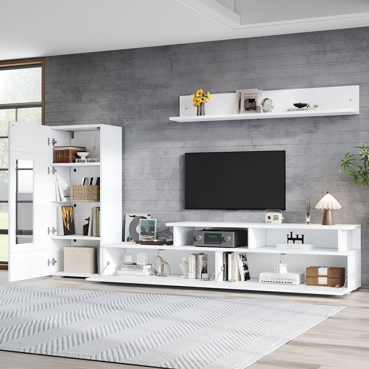 high gloss white TV wall unit with LED lighting