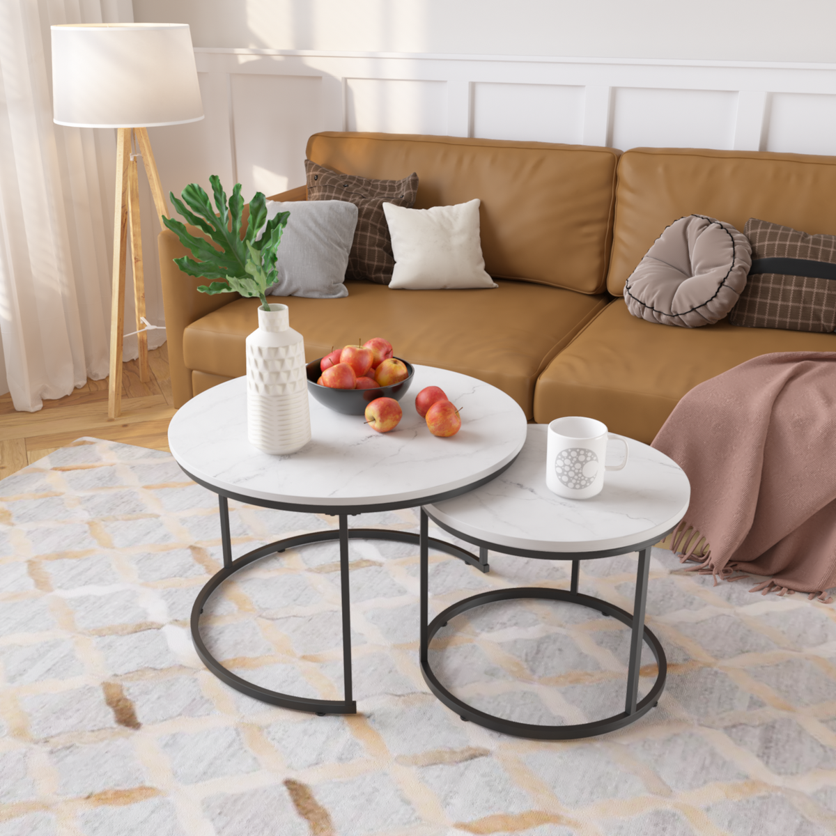 Round Nesting Coffee Tables Set of 2 Marble Look