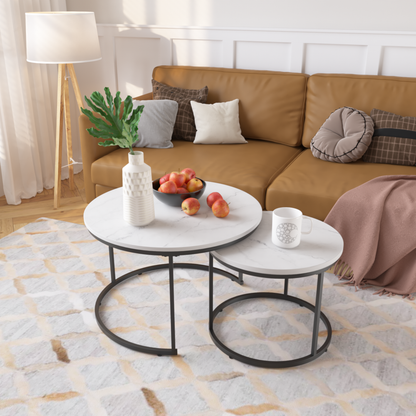 Round Nesting Coffee Tables Set of 2 Marble Look