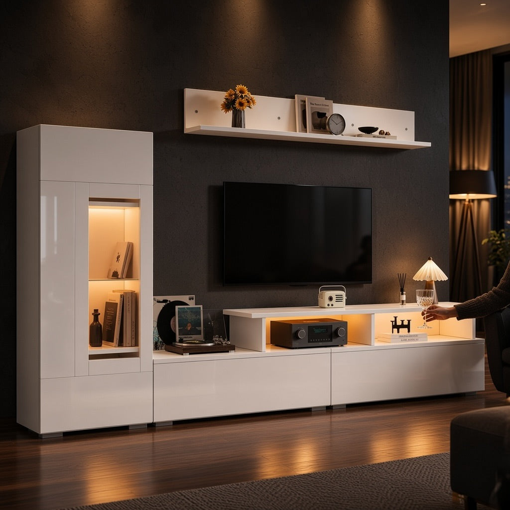 White High-Gloss TV Wall Unit with LED Lighting, 170 cm, 3-Piece Set