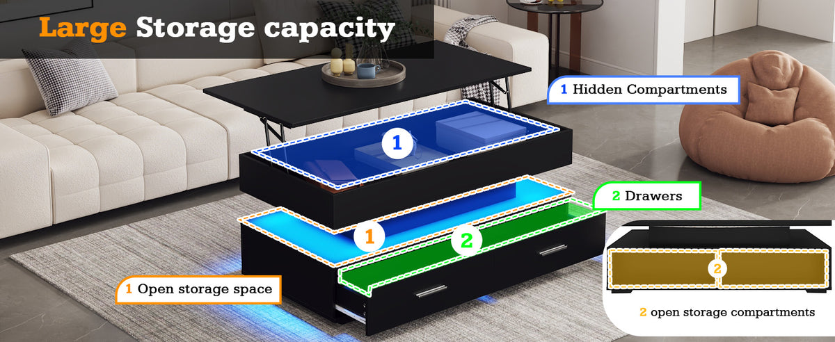 Hydraulic lift-top coffee table with app-controlled LED, black