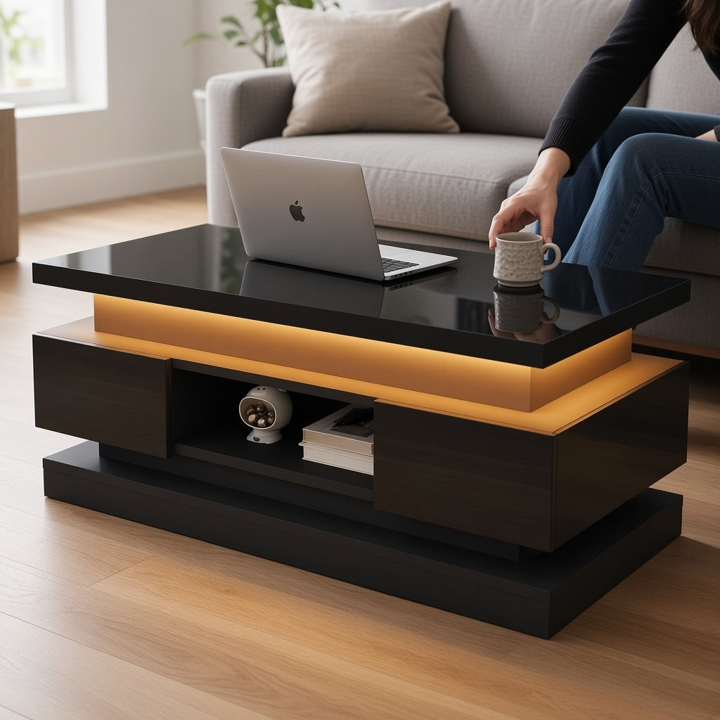High-Gloss Lift-Top Coffee Table with LED and USB, 100 cm, Black