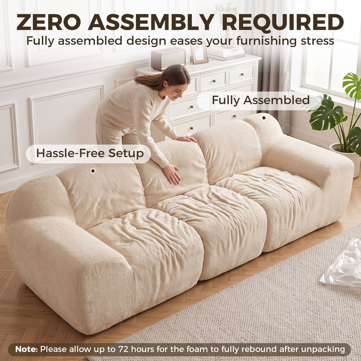 3-Seater Cloud Sofa 233cm – Chenille, Deep Seat, Wide Armrests, Beige