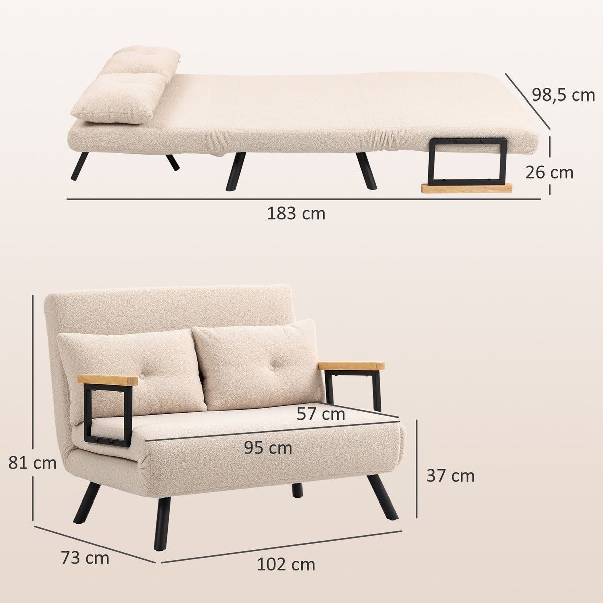 4-in-1 Convertible 2-Seater Sofa Bed – 5-Position Backrest, 2 Cushions, Beige