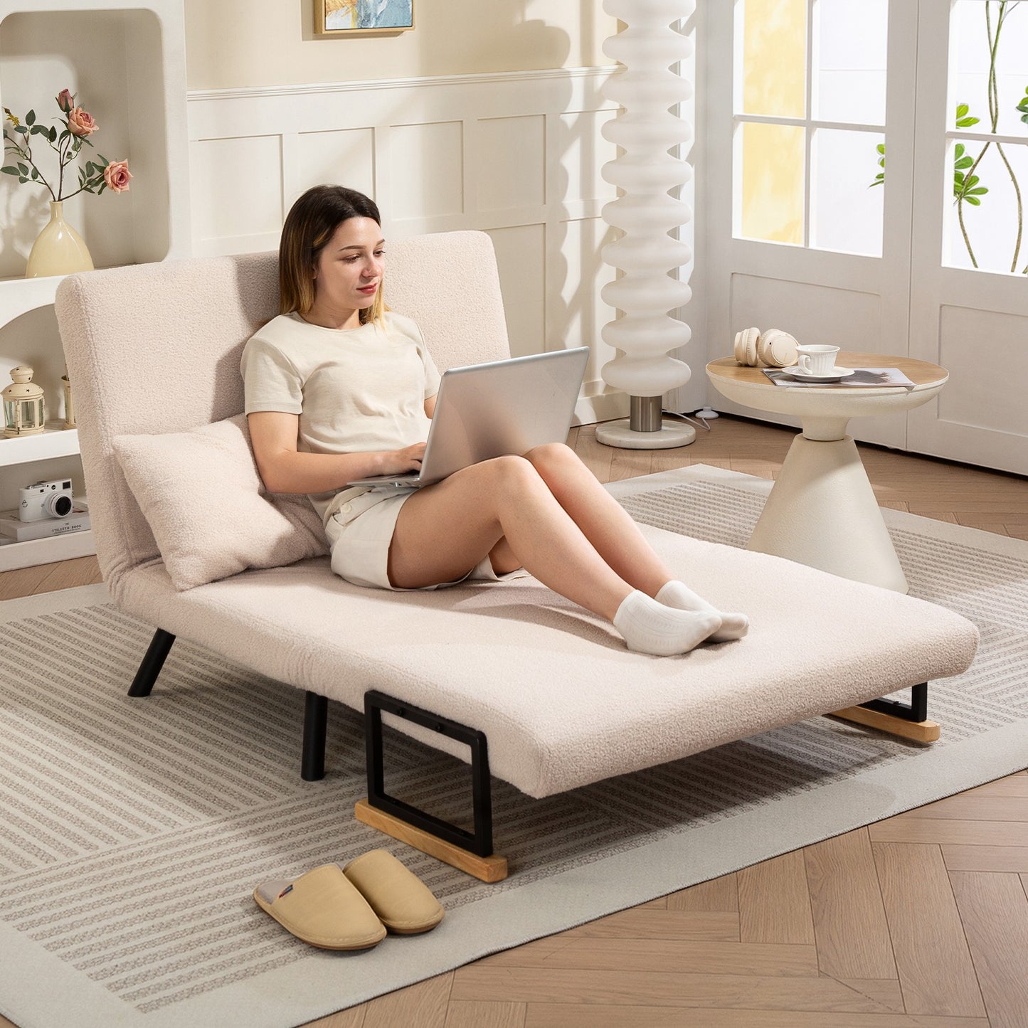 4-in-1 Convertible 2-Seater Sofa Bed – 5-Position Backrest, 2 Cushions, Beige
