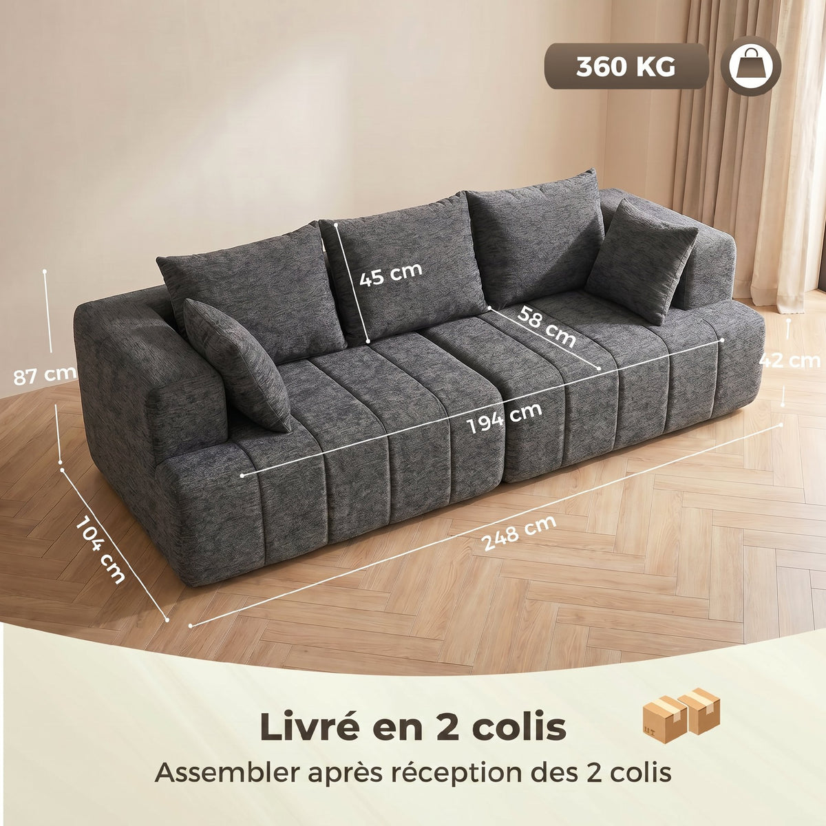 3-Seater Chenille Sofa 248cm – Modern, Wide Cushioned Seat, Spring Cushions, Grey