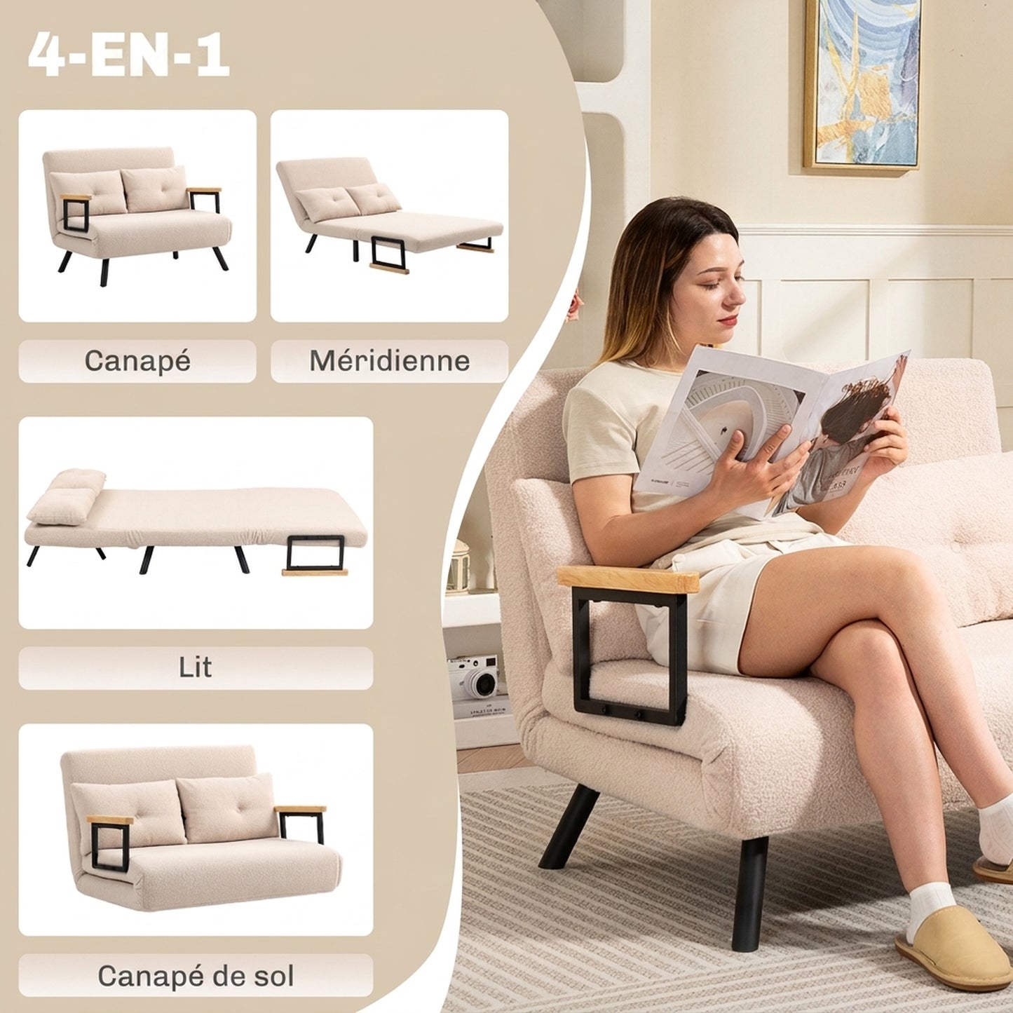 4-in-1 Convertible 2-Seater Sofa Bed – 5-Position Backrest, 2 Cushions, Beige